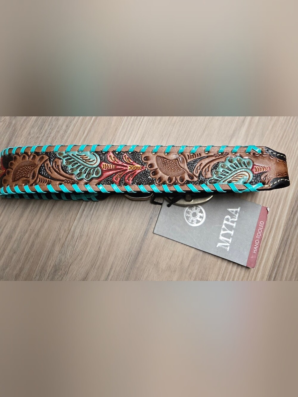 Leather Tooled Floral And Turquoise Large Dog Collar